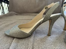 Nine West Silver Glitter Slingback Stiletto Heels Open Toe Buckle Women's Shoes
