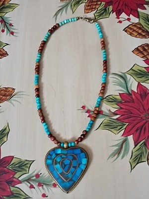 Vintage Brass Mosaic Turquoise Color Heart Pend Beaded Neck ,Unsure On Value