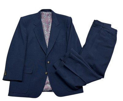 vtg 1980s 42S 36 Extra Short Navy 2pc Pant Suit The Knack Polyester Knit USA