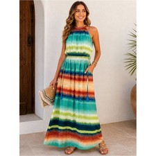 Taylor Tie Dye Maxi Dress Size 4 Boho Sleeveless Halter Beach Vacation Tassels