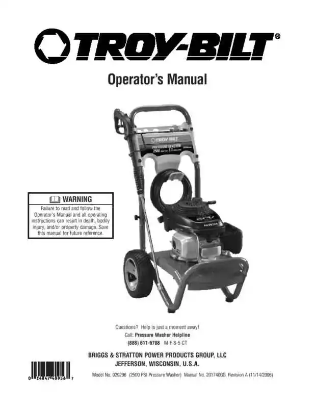 Troy Bilt Pressure Washer Manual 2500 psi Model 020296