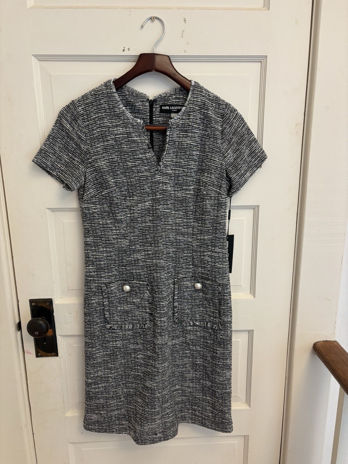 Karl Lagerfeld Paris Black Tweed Dress Pearl Pockets Size 4 NWT