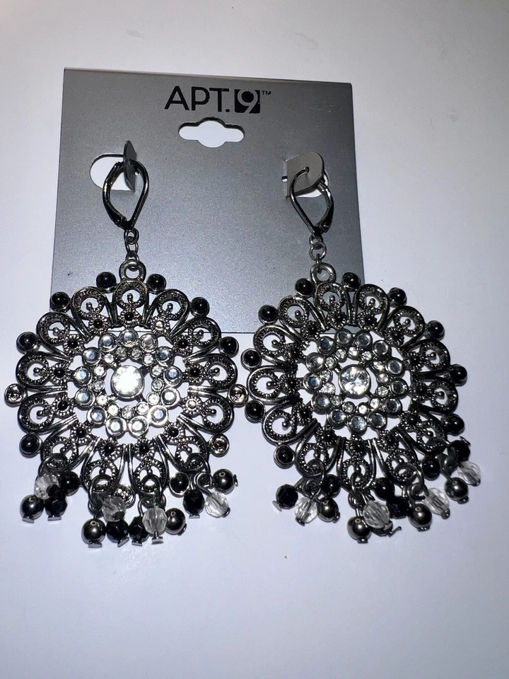 Apt 9 Earrings Silver Tone Dangle Drop Ornate Black Rhinestones NEW 18p - Image 2 of 4