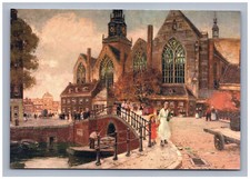 Postcard People Woman Child Boat Church View Art Chrome Reprint 1900s