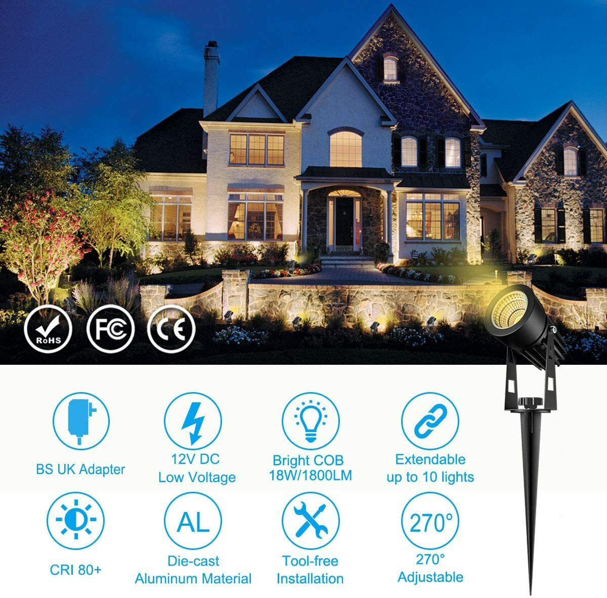 6 Packs Mains Powered Garden Spike Light Landscape Yard Adjustable