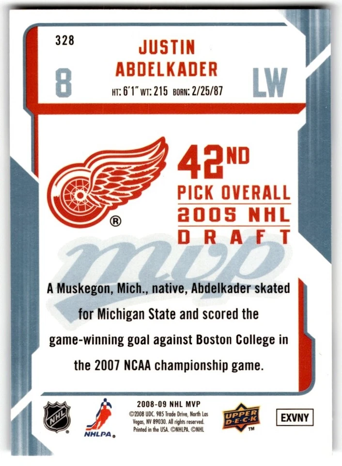 2008-09 Upper Deck MVP Justin Abdelkader Rookie #328 Detroit Red Wings - Image 2 of 2