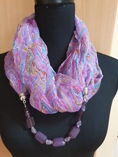 Unikat! Damen Schal Schmuckschal Mit Kette Amethyst & Glas Lila Chiffon 150x50cm