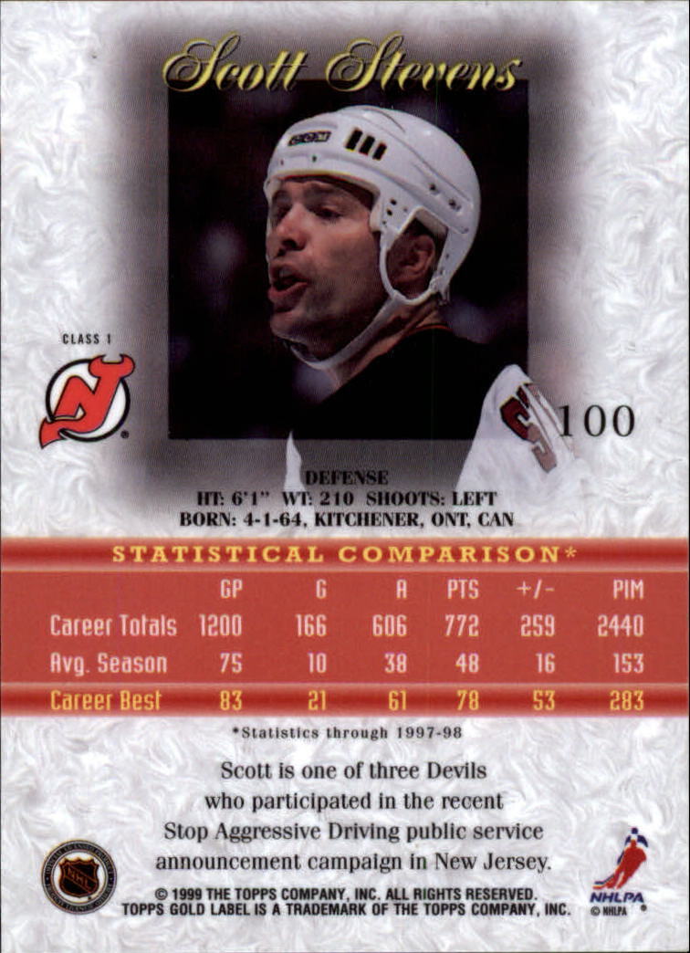 1998-99 Topps Gold Label Class 1 Devils Hockey Card #100 Scott Stevens - Picture 2 of 2