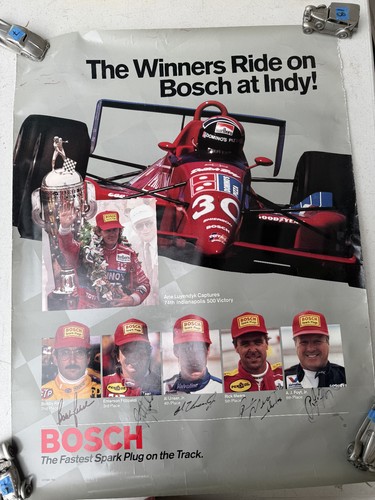 1990 Bosch Indy Winner Poster with Five autographs Foyt,Mears,Unser,Rahall,Fitt