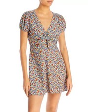 Faithfull the Brand Louela Floral Sweetheart Babydoll Y2K Deep V Mini Dress Sz 4