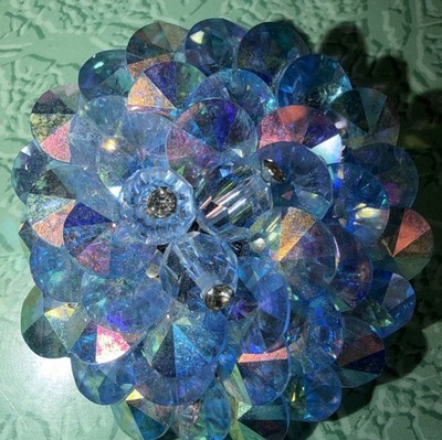 Vintage Vendome Light Blue Aurora Borealis Glass Disk Bead Cluster Brooch Pin 2 