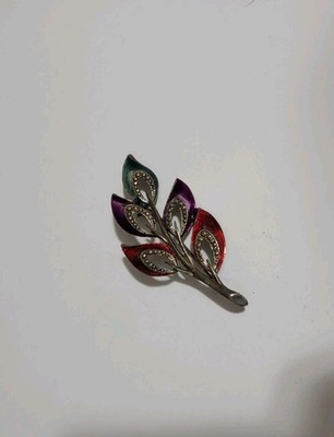 Vtg Mutlicolor Feather Pin Brooch Leaf Like Enamel Peacock Feather Fashion READ