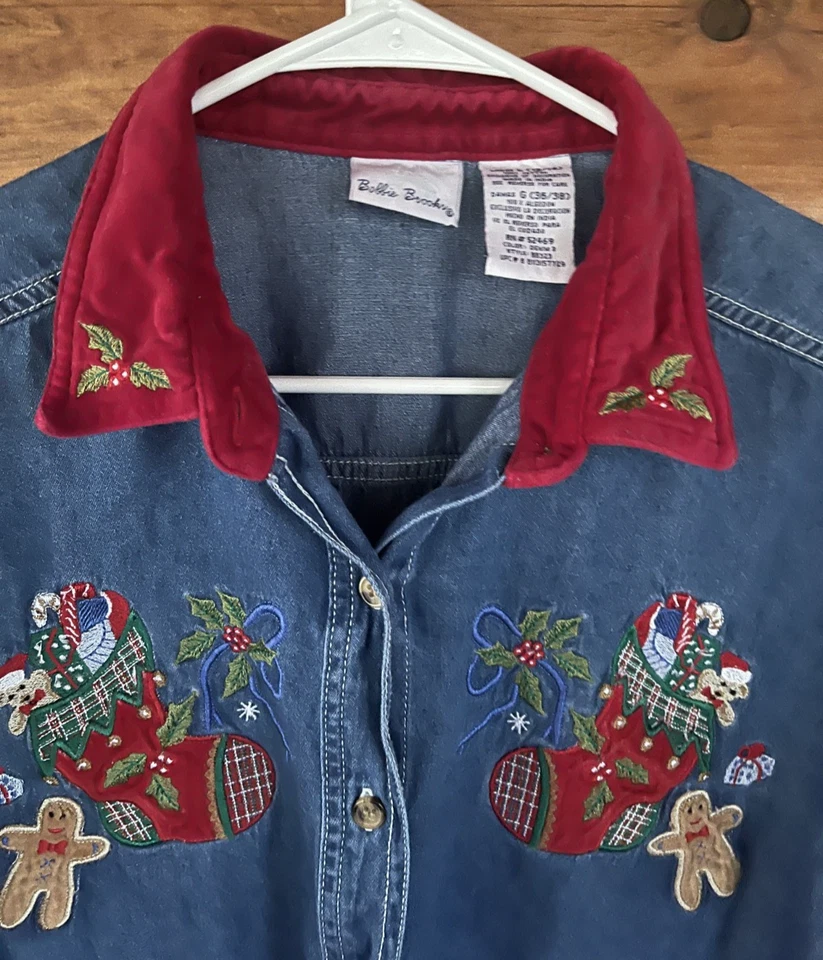 Vintage Bobbie Brooks L Christmas Embroidered Denim Shirt Stocking Gingerbread - Image 3 of 4