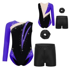 Kids Girls Dancewear Dance Outfit Gymnastics Set Training Shiny Rhinestones