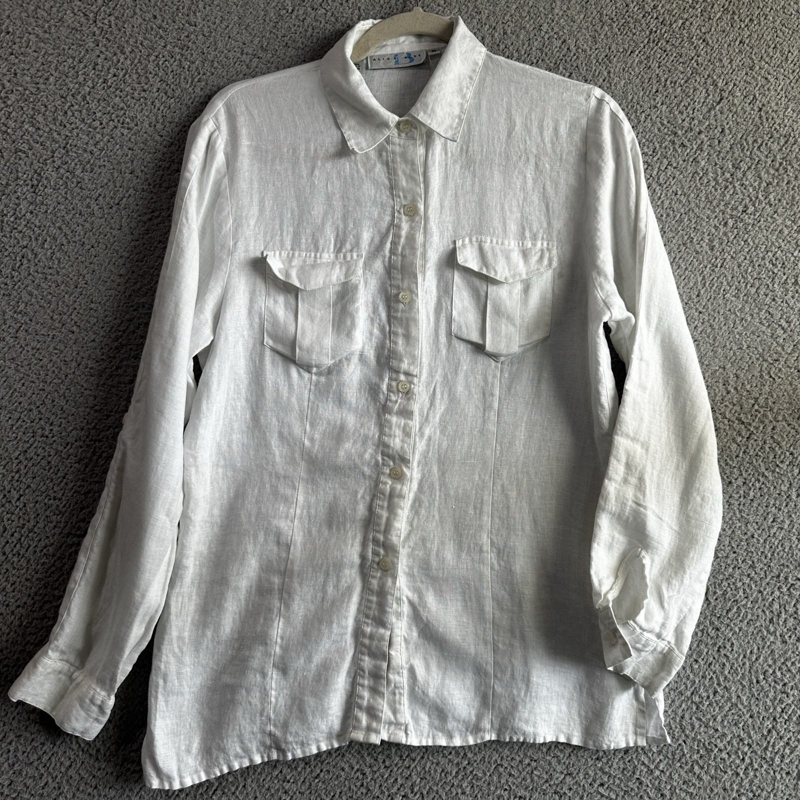 Alice Blue Womens 100% Linen Blouse Button Up Sz M White Beach Cruise Resort
