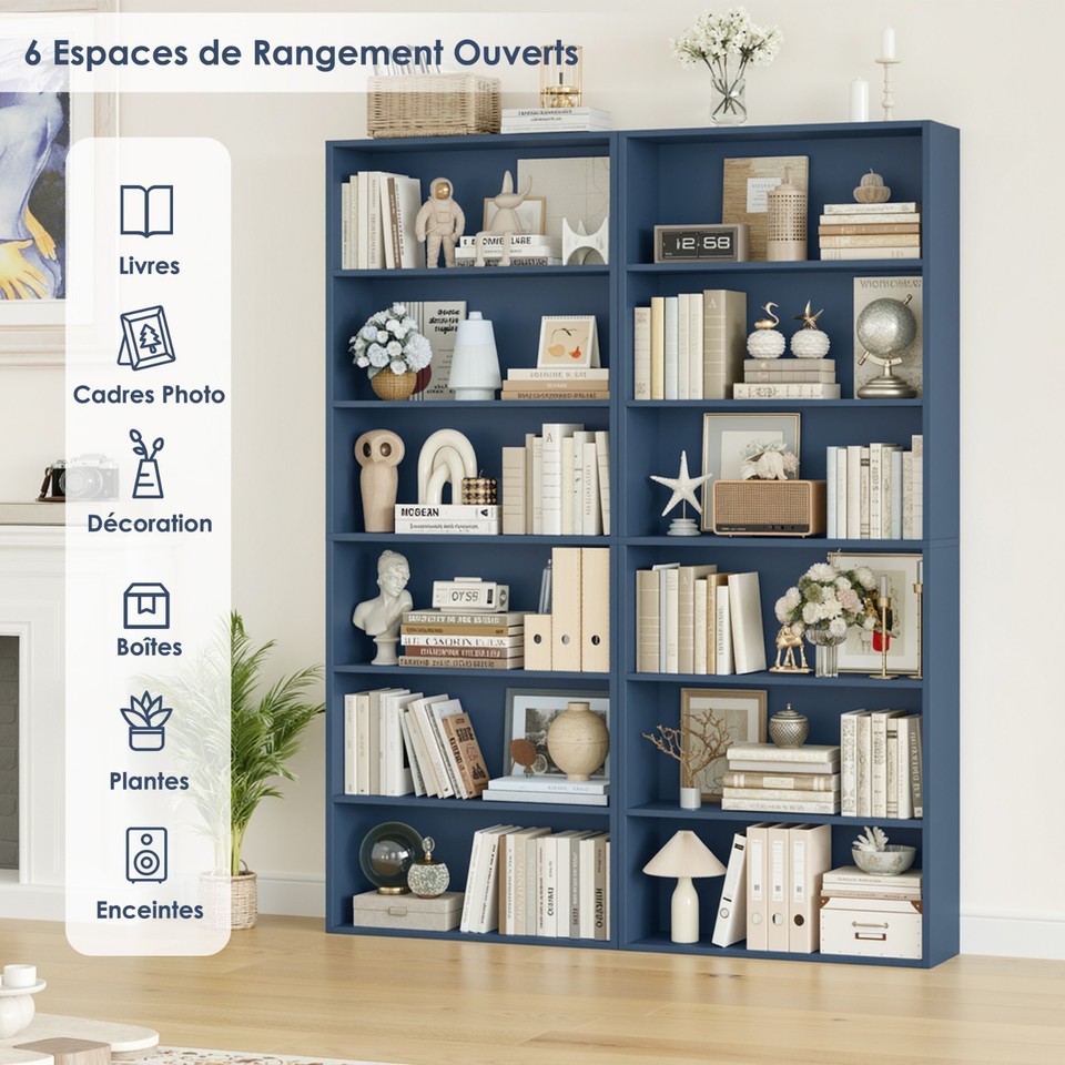 Bibliothèque Étagère à 6 Niveaux Haut Meuble de Rangement en Bois 60x23.5x180cm