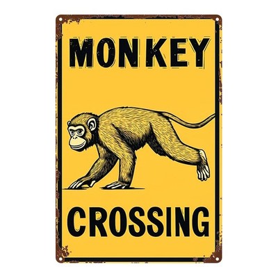 2D Flat, 1pc, Metal Sign, Yellow Background with Black Text ''MONKEY CROSSING'' 