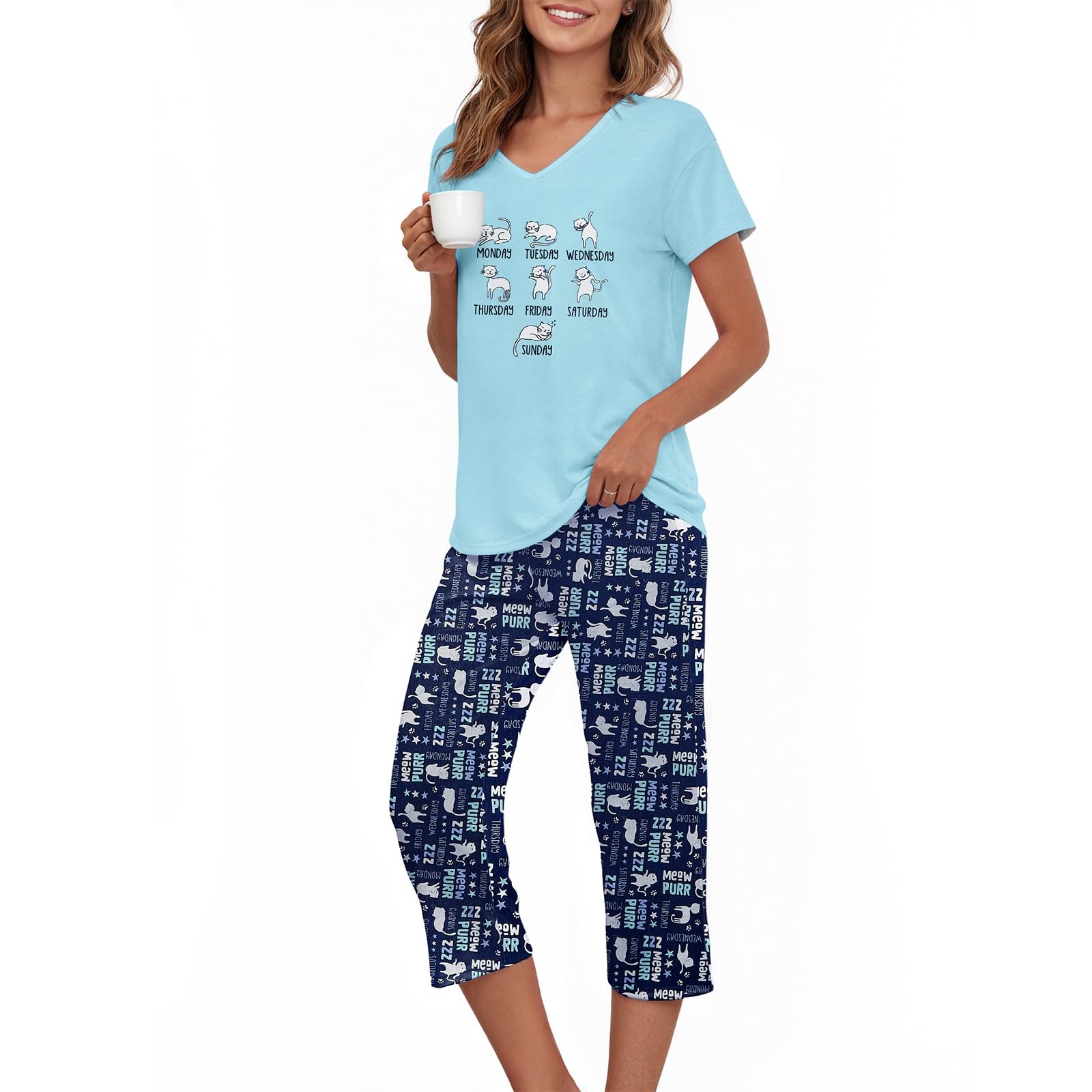 Women Short Sleeve Pajama Set Tops with Large, B Dark Blue and White Cat