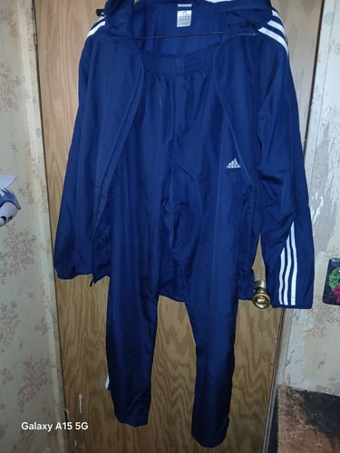 Adidas Track Suit Navy Blue 3 Stripes Mens Medium Hooded Zipped Legs 2006 Y2K - Picture 14 of 23