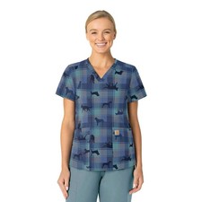 Carhartt Women's Scrub Top Blue Plaid Animal Print Size S