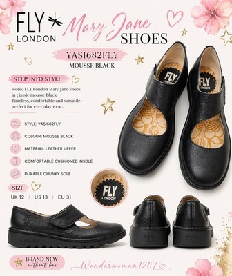 Fly London YASI682 Luxe Mary Jane Schuhe Schwarz Leder UK12 Neu ohne Karton