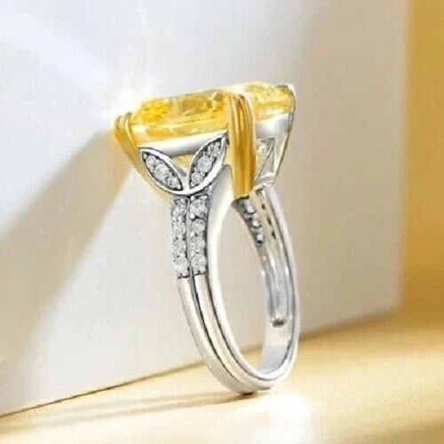 8.56Ct Cushion Natural Yellow Sapphire Diamond Wedding Ring 14K White Gold 6 7 8 - Image 3 of 4