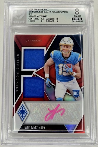 2024 Phoenix Ladd McConkey Rising Rookie Dual Patch Auto Red /99 BGS 8 Chargers