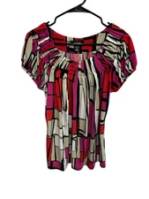 Style & Co Pleated Neck Geometric Print Short Sleeve Top Multicolor Sz Medium
