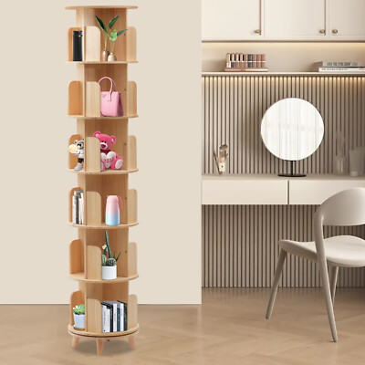 6-Tier 360° Rotating Bookshelf Pine Wood 45cm Diameter Kids Book Rack