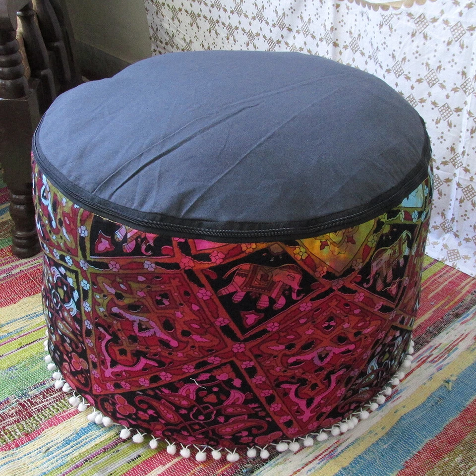 New 22x14" Round Cotton Pouf Ottoman Cover Floor Decorative Foot Stool Cover D15 - Image 4 of 4