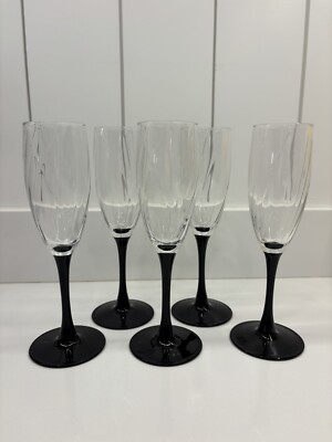 Vintage Set 5 Luminarc France Black Stemmed Champagne Swirl Glasses MCM Classic
