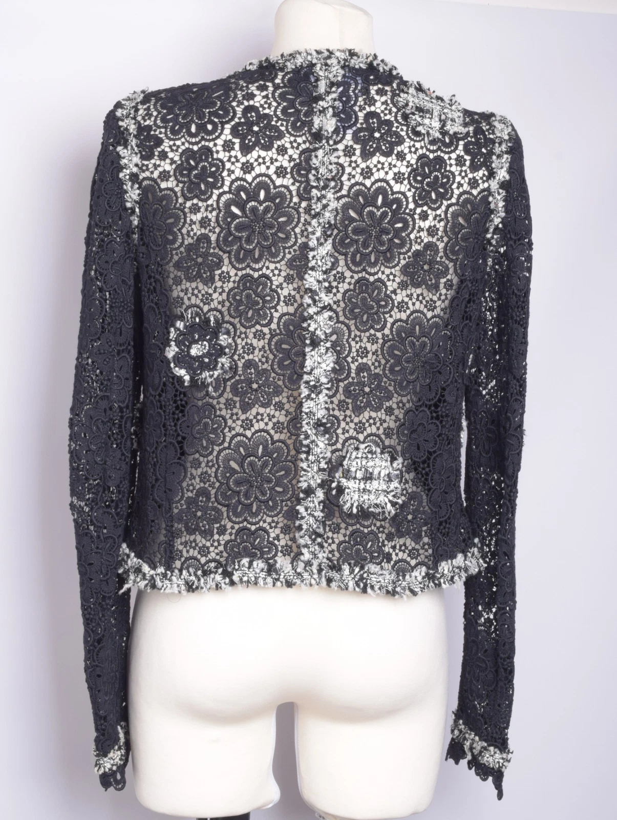 Giacca CHANEL vintage donna nero blazer cotone pizzo floreale maniche lunghe FR 36 S