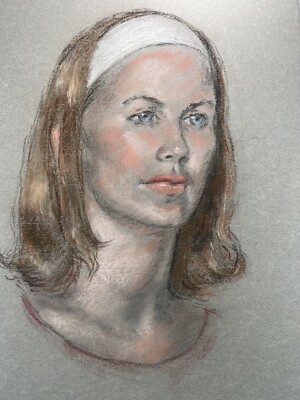 Vtg Pastel Drawing Of Red Haired Women w/ Headband Portrait 90s Fine Art 17x12 