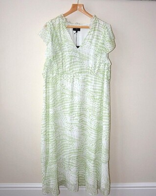 Ex Branded Off White + Green Animal Dobby Rüschenärmel Midi Maxikleid Übergröße 22