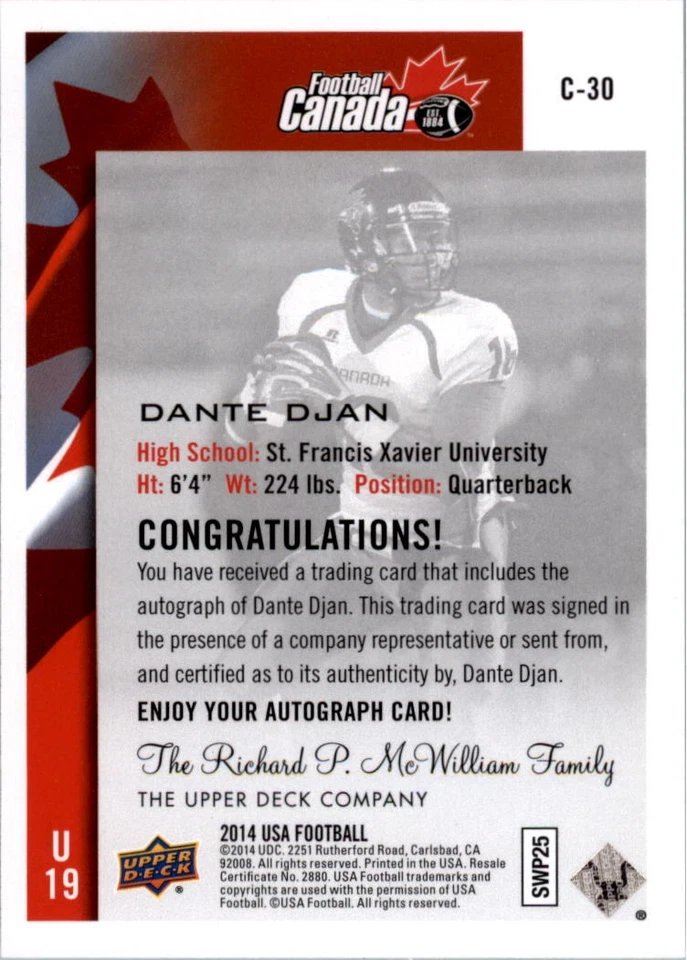 2014 Upper Deck USA Football Team Canada Autographs #C30 Dante Djan - NM-MT - Image 2 of 2
