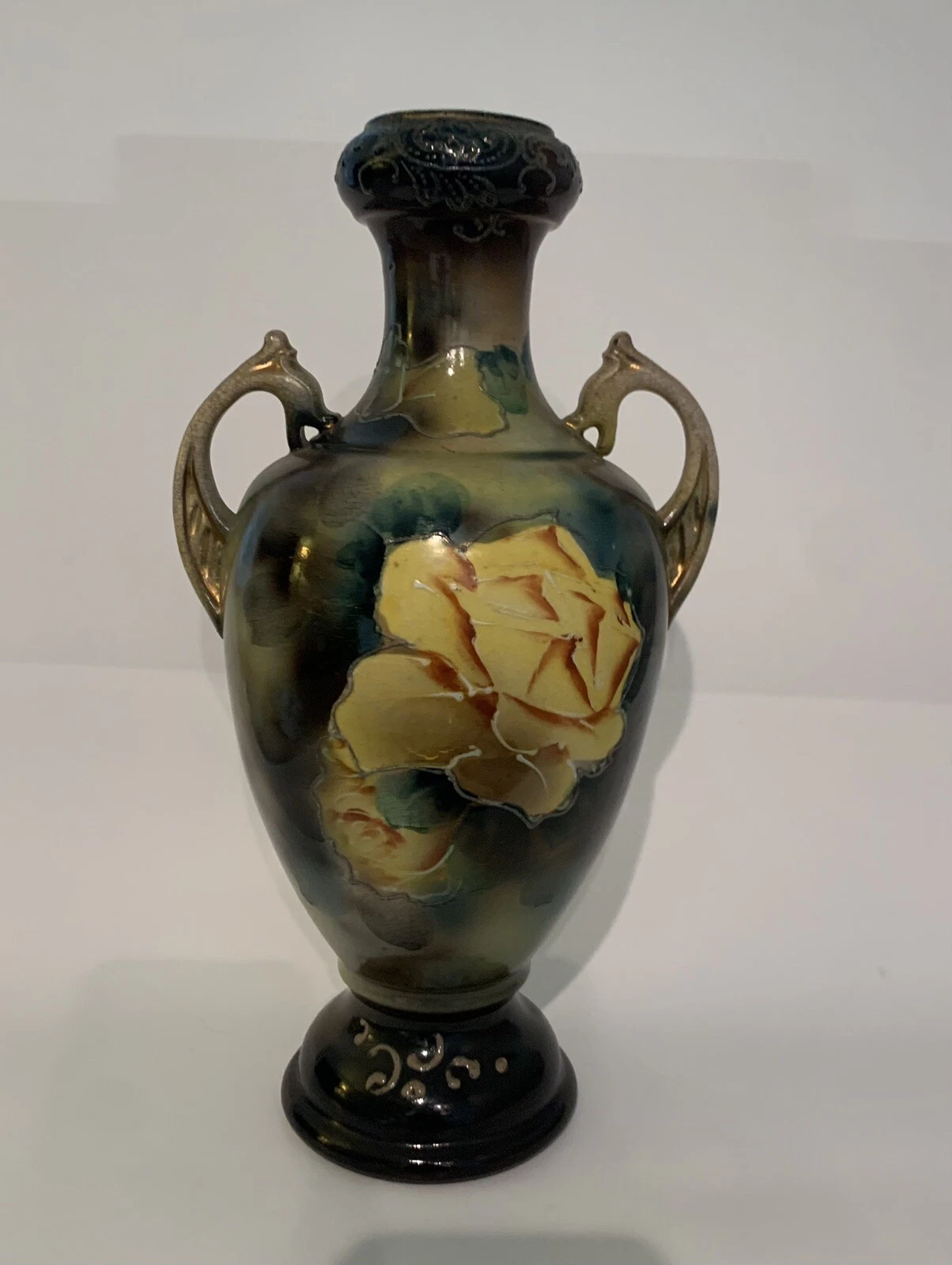 Antique Art Pottery Vase Raised Rose Floral Double Handles Crazed Glaze 13” 1920
Opens in a new wind