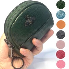 Women Leather Coin Purse, Small 2 Zippered Change Pouch Wallet with Keychain