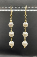 9ct Gold Plated Real Ivory Freshwater Pearl Long Drop Earrings Hooks Handmade.
