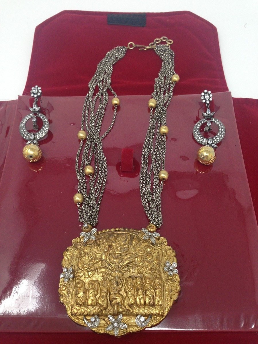 Designers ART KARAT Gold Tone Silver Necklce W Huge Pendant Earrings Set