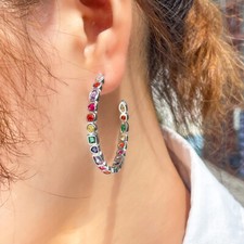Silver Plated Multicolor Circle Hoop Earrings Women Cubic Zirconia Party Jewelry