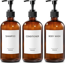 3 Pack 16oz Glass Shampoo Conditioner and Body Wash Dispenser Empty Bottles