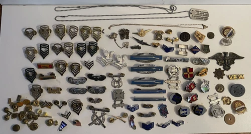 100pc WW2 U.S. Mixed military years etc chevron current pins wings dog tag lot!