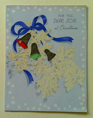 Mica Bells in the white glitter pines vintage Christmas greeting card #A45