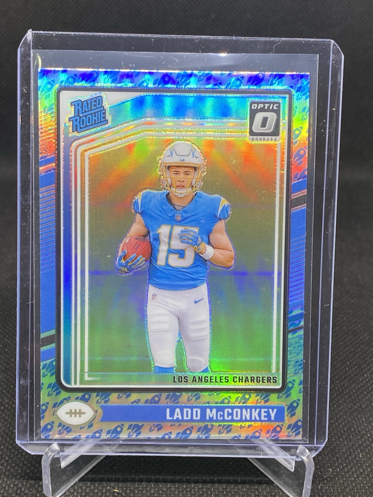 2024 Panini Optic Ladd McConkey Rated Rookie Rocket Ship Emoji SSP Prizm No. 266