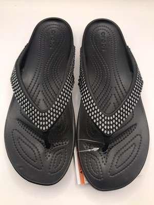 WOMEN'S BLACK CROCS KADEE II JEWELS EMBELLISHED DIAMANTE FLIP FLOPS SIZE 9 NWT