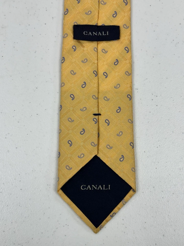 Canali 意大利男式黄色几何图案佩斯利提花丝绸领带 $225 — 第 3/4 张图片