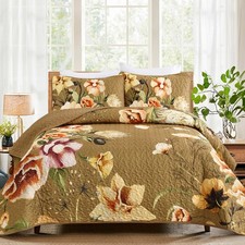 Brown Floral Quilt Set Queen Size 3 Pieces Brown Botanical Flower Quilt Cover...