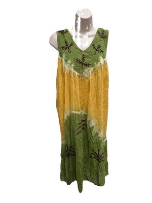 Cocoon Sleeveless Embroidered Lime TieDyed MIDI Sun Beach Summer Dress One Size
