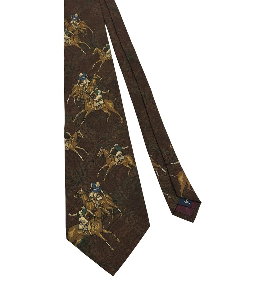 Polo Ralph Lauren Corbata de Seda Corbata Marrón Polo Ecuestre De Colección Hecho a Mano en EE. UU. Foto 2 de 4