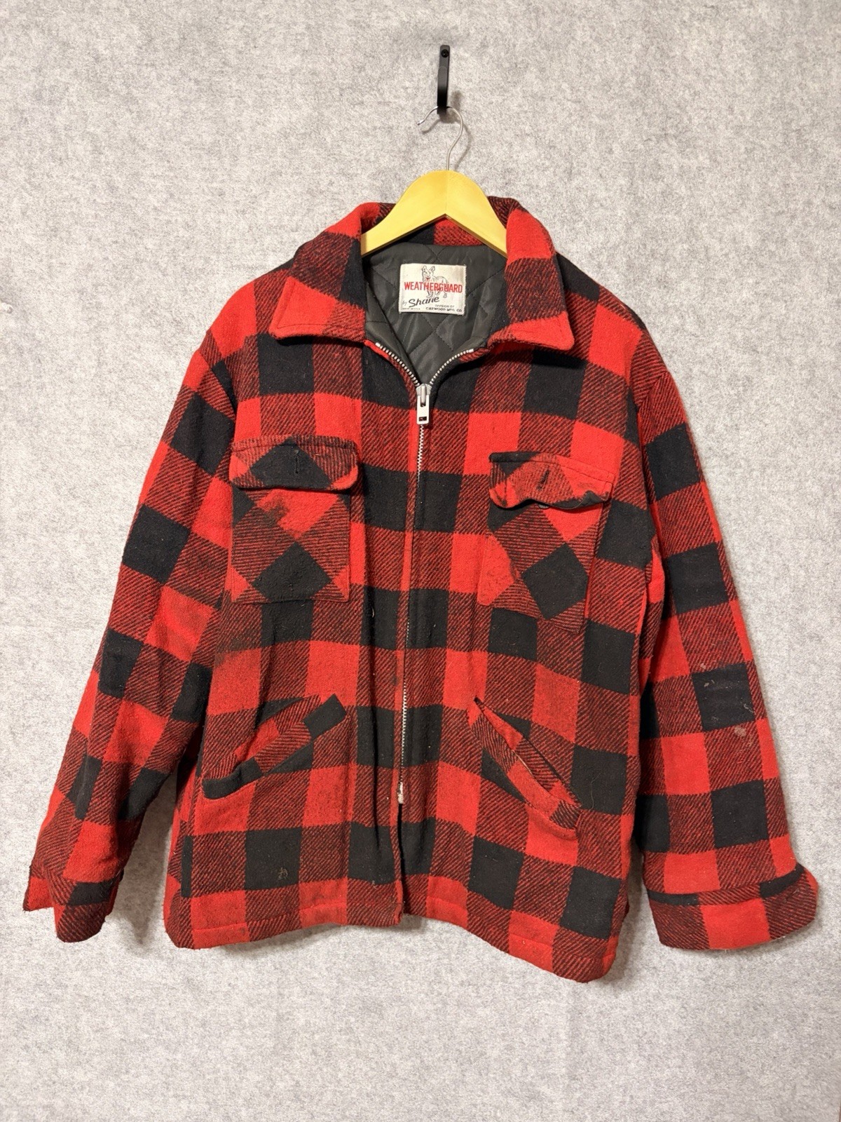 Vintage Weatherguard Shane Wool Jacket Coat Red Black Buffalo Plaid USA Men XXL